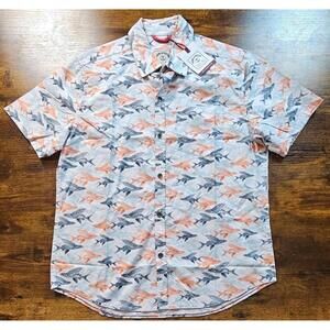 Iron & Resin Flying Fish White Hawaiian Pattern Surf Style Shirt Mens Medium NWT